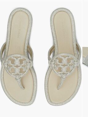 Tory Burch Miller Pavé Knotted Thong Sandals Stone Grey Size 8